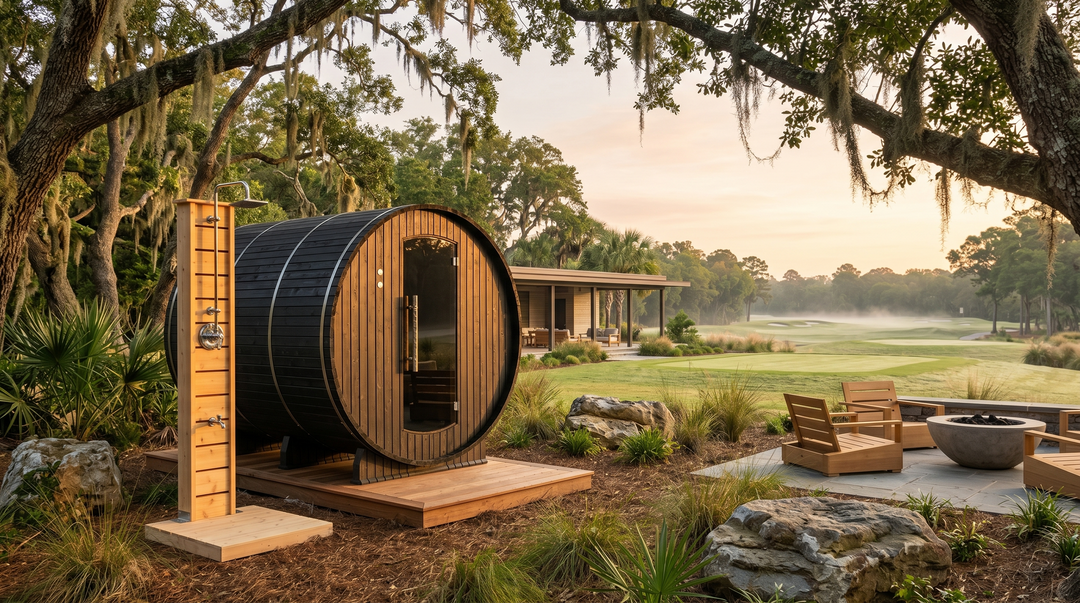 Lewisburg Onyx Outdoor Sauna in large backyard